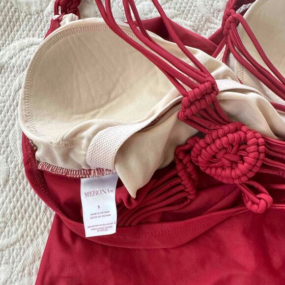 Merona Swimsuit S Small Macrame Burgundy Red One Piece V Neck Ruched Padded - Picture 4 of 7
